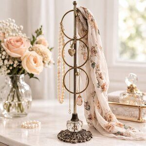 Vintage Bronze Jewelry Organizer Scarf Holder With Crystal Base & Ornate Design
